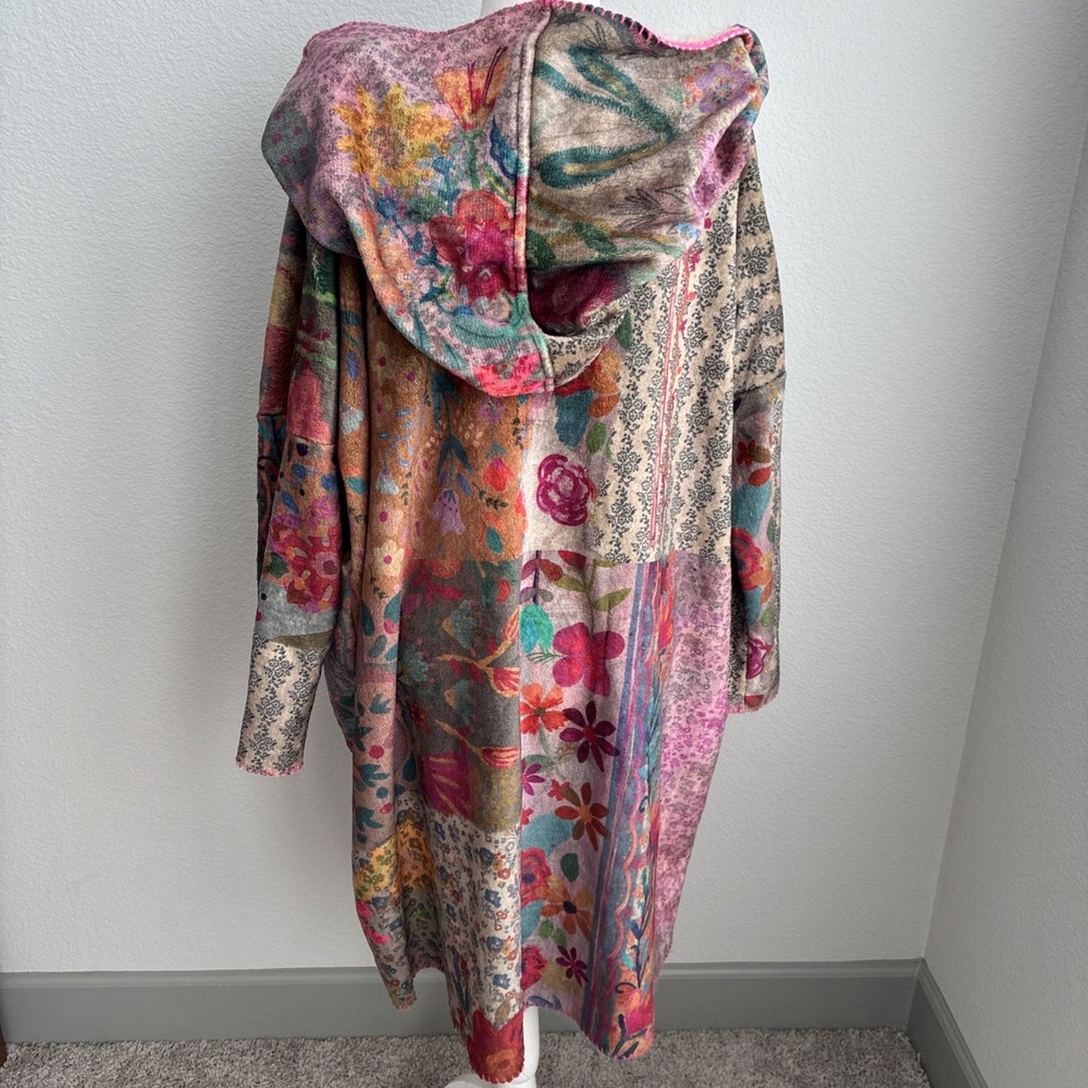 Natural Life Long Cozy Patchwork Blanket Kimono Pink Trim S/M Sherpa Lined Boho - Picture 8 of 16